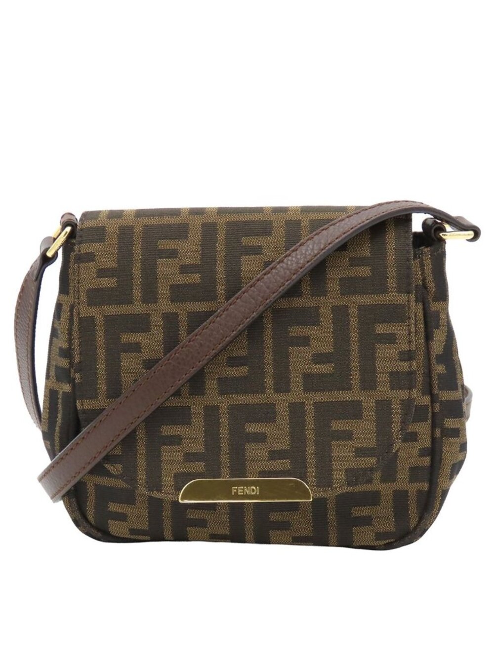 Fendi Shoulder Bag Dark Brown Khaki Nylon Leather Zucca Pattern